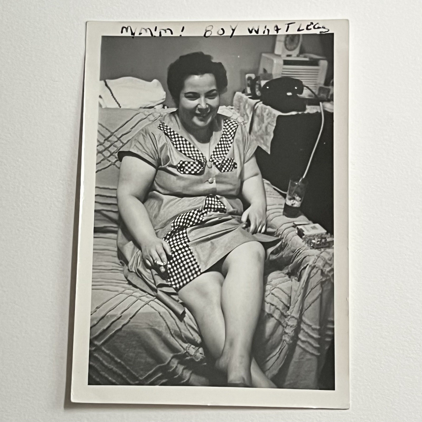 Vintage Snapshot Photograph Beautiful Plus Size Woman Smoking What Legs Caption