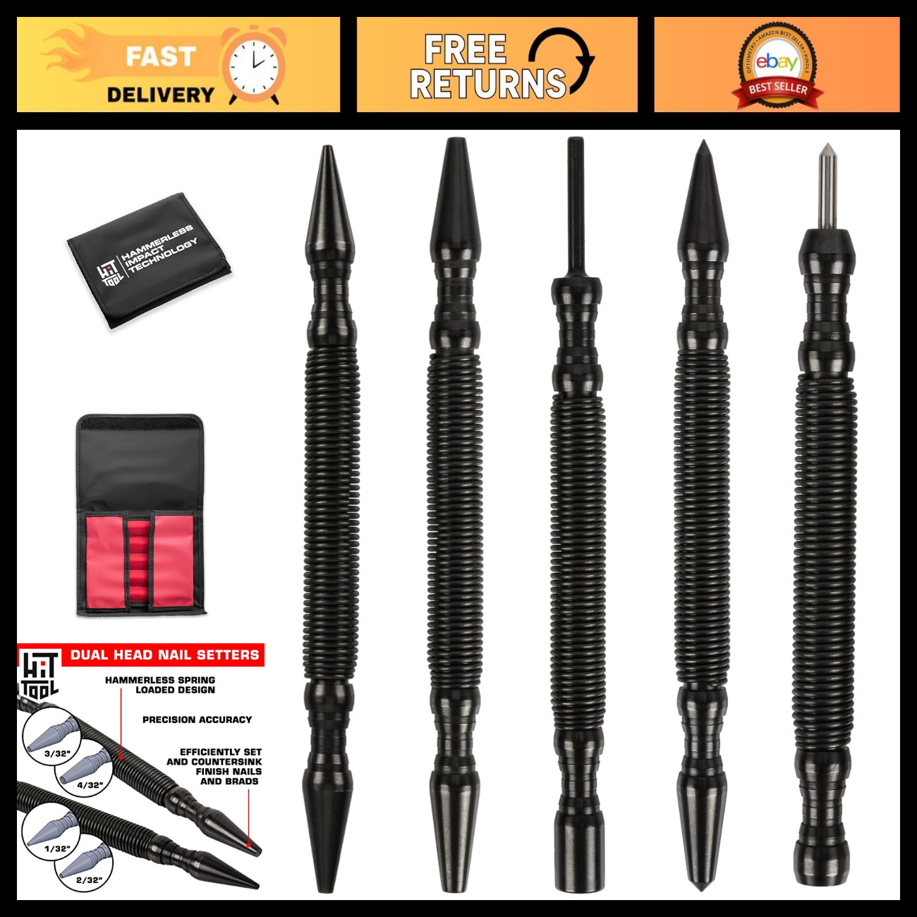 5-Piece Pro Spring Punch Kit - Hinge Pin Remover & Nail Setters Tool Set