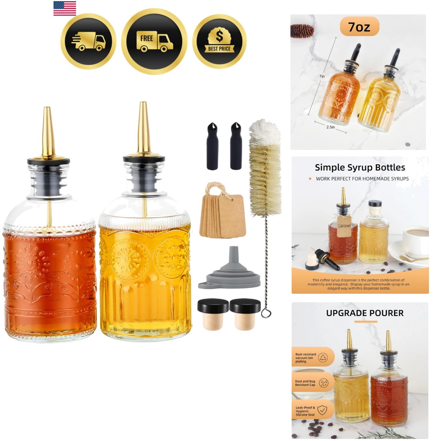 Simple Syrup Bottles Set of 2, Glass Coffee Syrup Dispenser Bottles 7 OZ With...