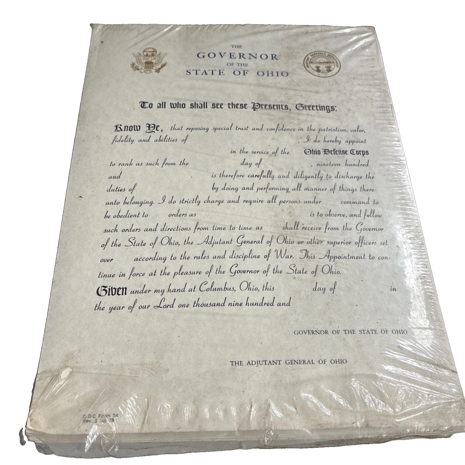 Blank Appointment Certificate for the Ohio Defense Corps 1978