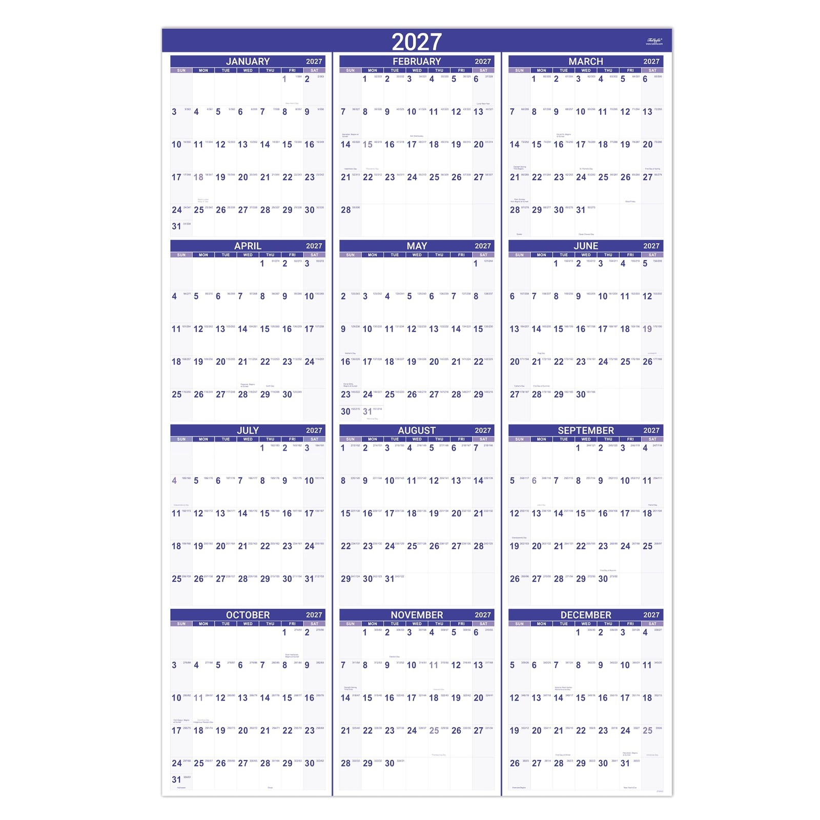 2027 Yearly Wall Calendar - 2027 Calendar, Jan 2027 - Dec 2027 | 34.3\
