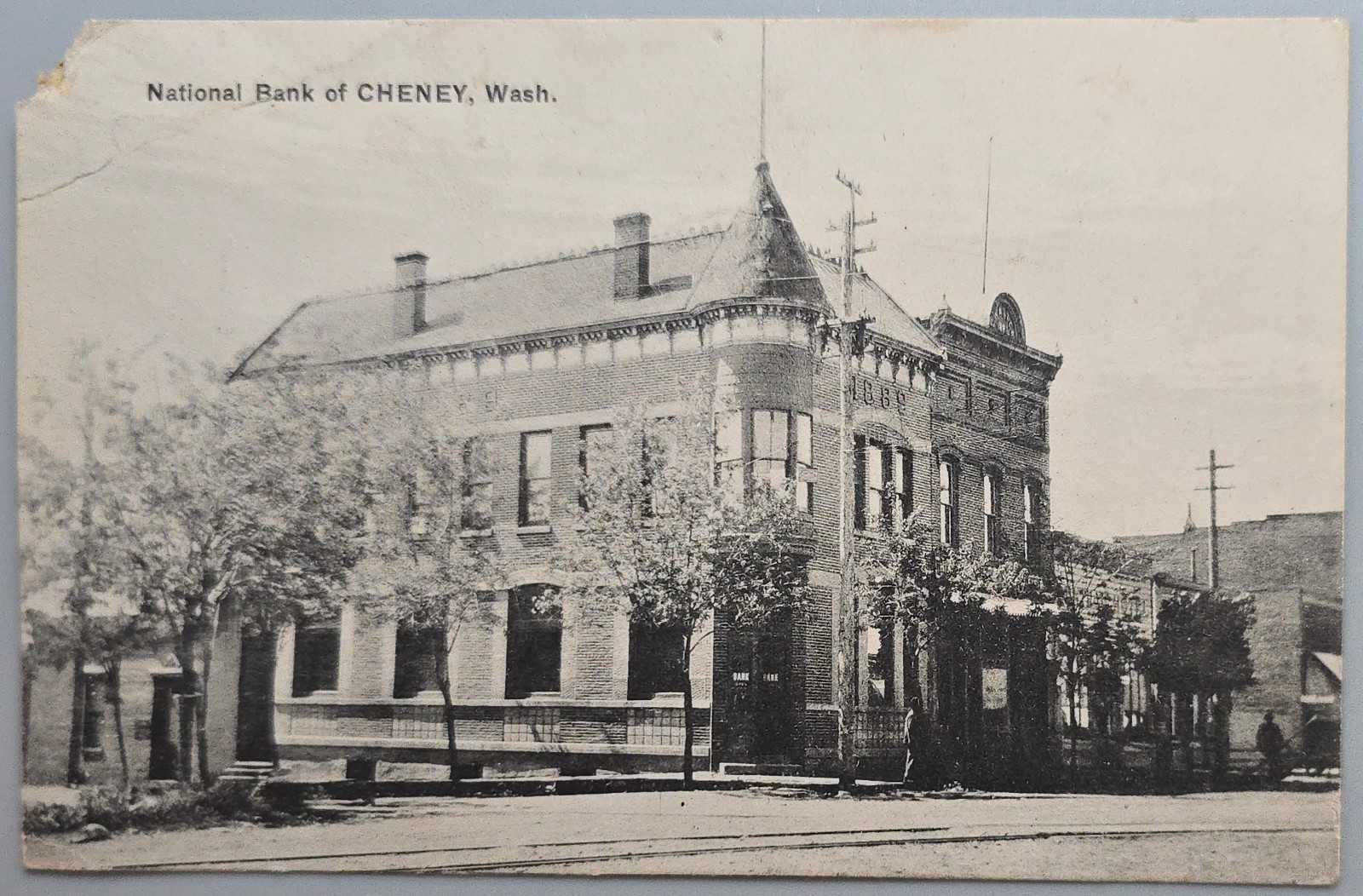 1913 National Bank Cheney WA Postcard Trolley Tracks Streetcar