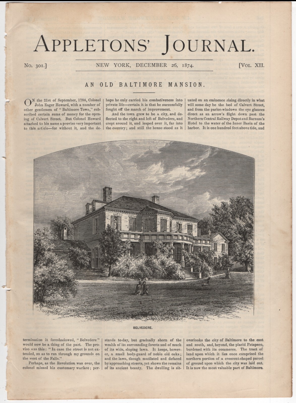 1874 Vict Printed Engraving, Famous Places - Belvedere, Old Baltimore MD Mansion
