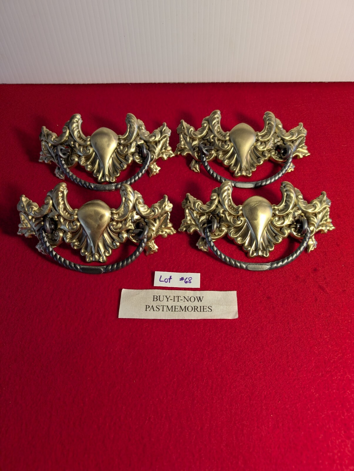 SET OF 4 VINTAGE c1900 BRASS DRAWER PULL HANDLES, OLD ANTIQUE HARDWARE LOT #68