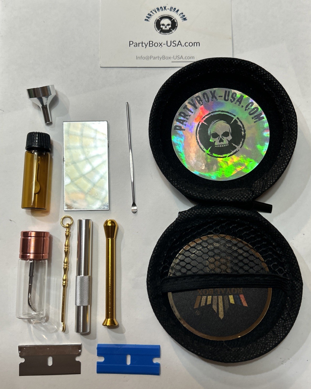 10 + Piece Complete Snuff Kit Mirror Card Razors Straws Mini Glass Vial Scoop