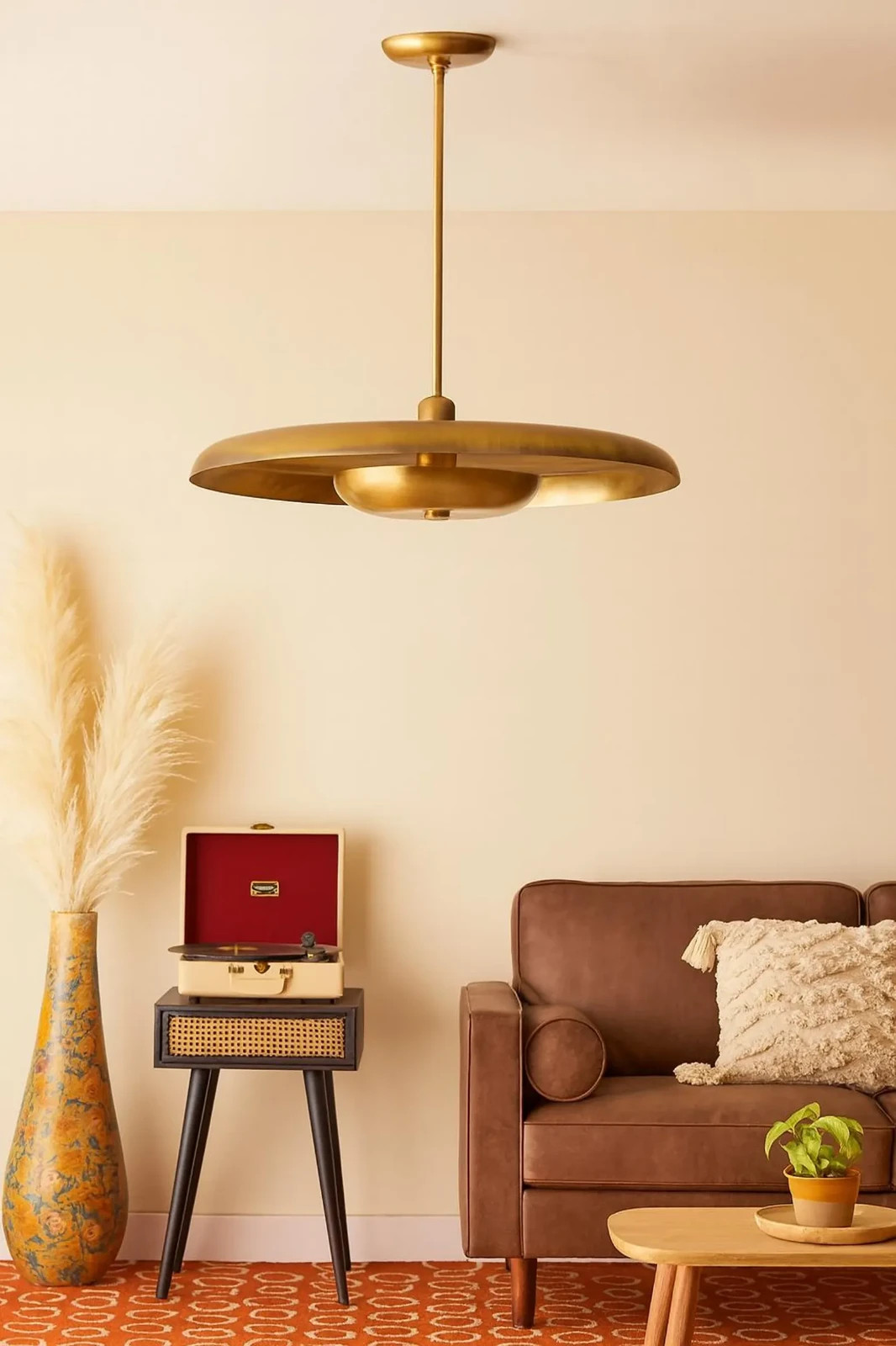 1950s Modern Mid Century Aged Brass Pendant Light, 24 Inch Retro Ceiling Fixture
