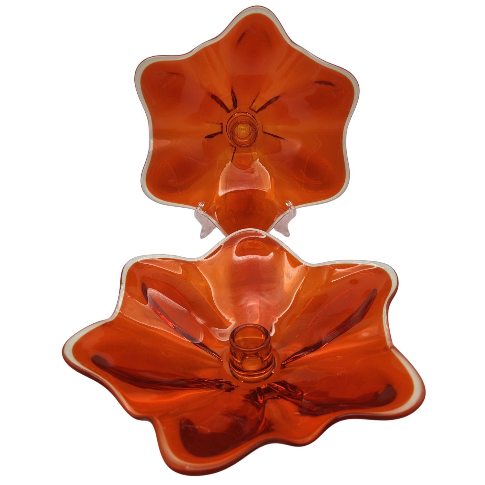Vintage Viking Orange Clear Art Glass Flower-Shaped Candle Holders - Set Of 2