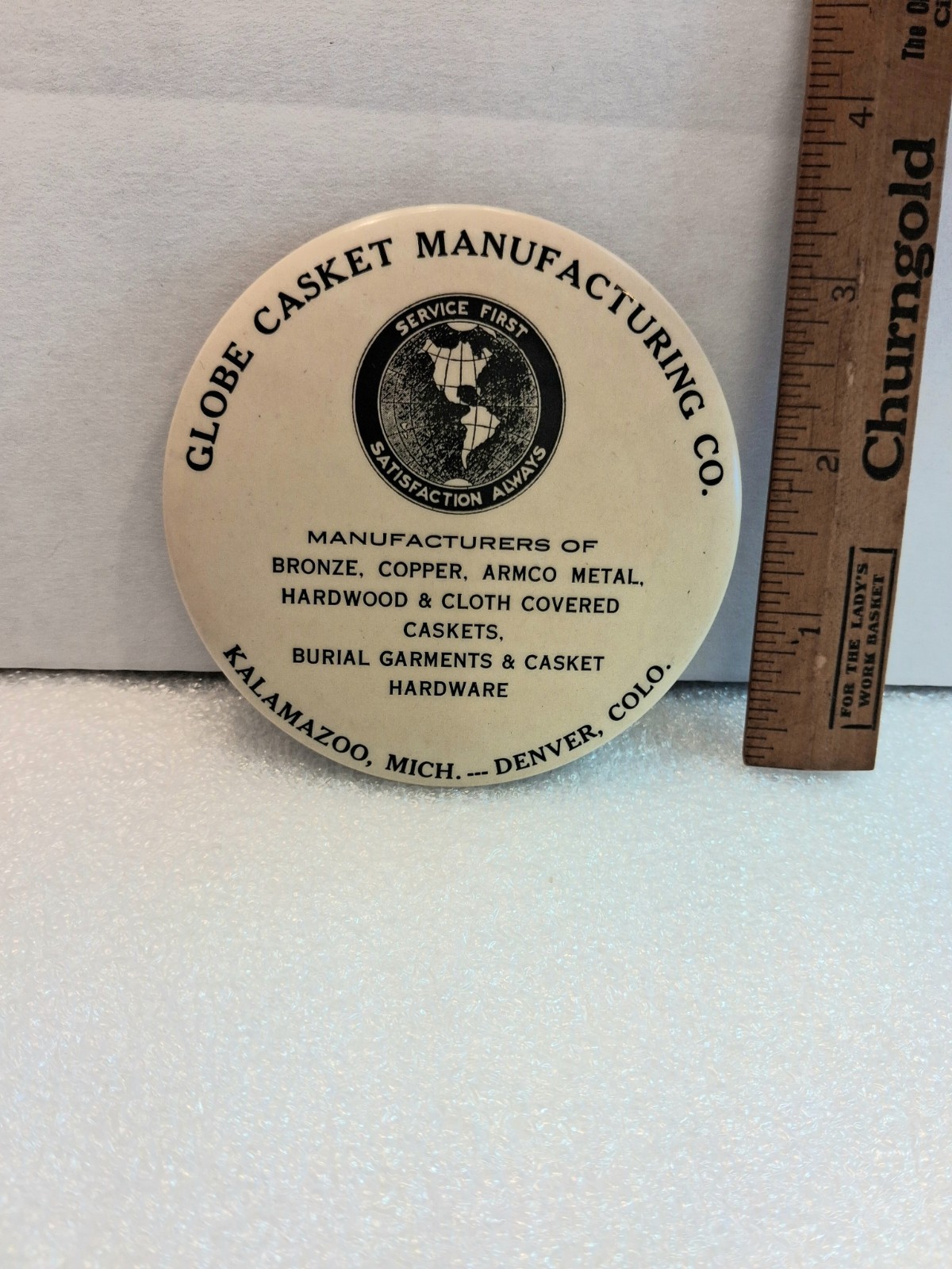 Vtg Globe Casket Mfg Co. Adv Celluloid Pocket Mirror Kalamazoo MI Denver CO Rare
