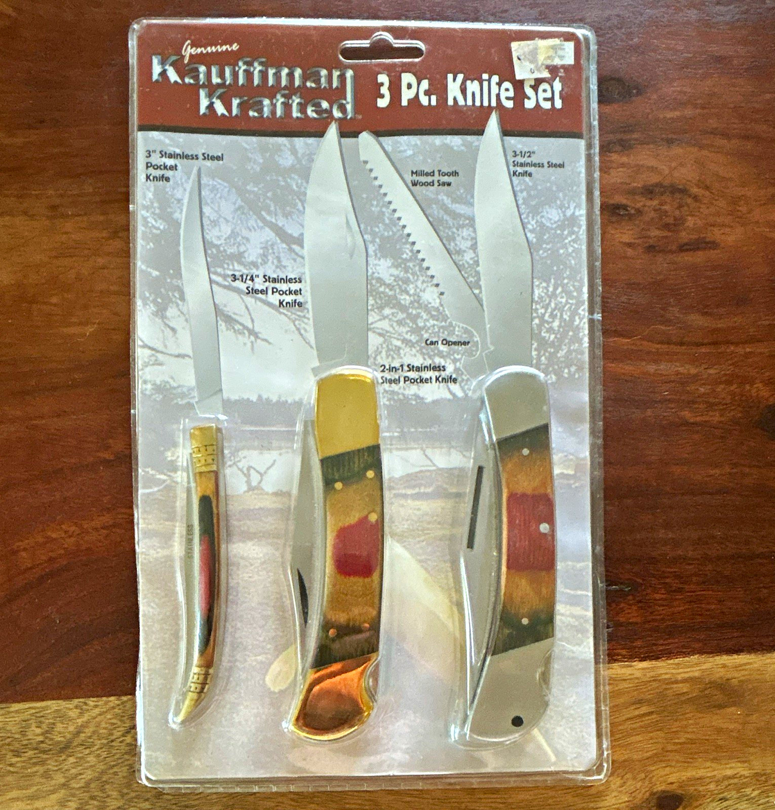 Kauffman Krafted 3 Pc Pocketknife Set Stainless Steel Blade Wood Handle Tools
