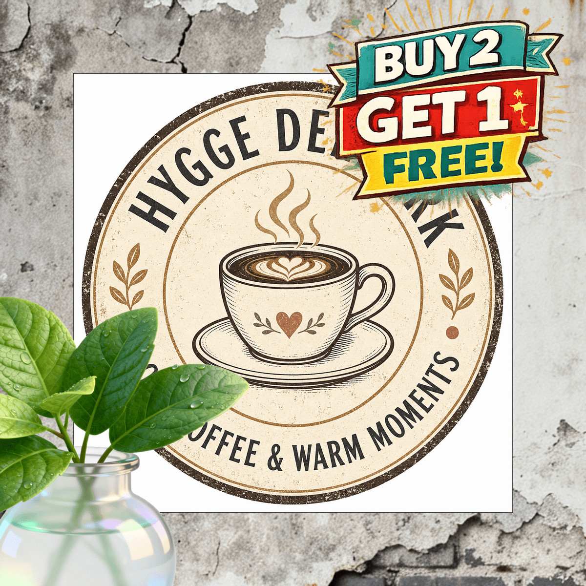 hygge denmark text cafe coffee cup round badge typography ring vintage distresse