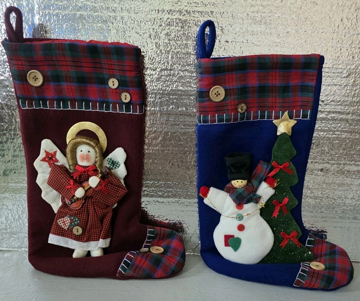 Vtg NWOT 3D Christmas Bazaar Stockings Grandma Country Cottage Angel/...