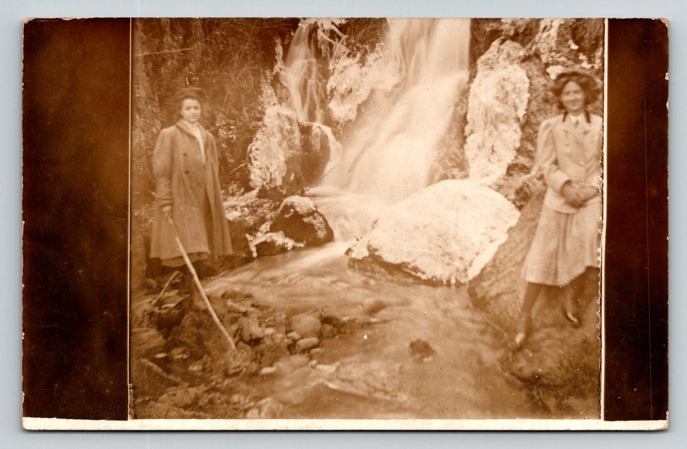 Vintage AZO RPPC Postcard Two Women Waterfall New Hartford Connecticut