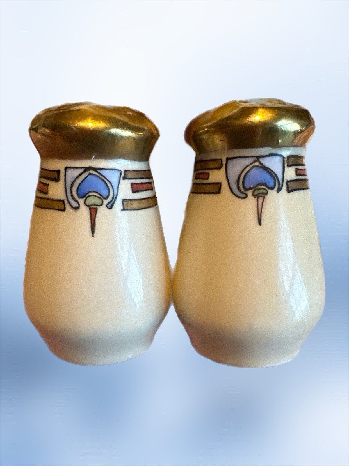 Signed M Cook Art Deco Luster Ware Salt & Pepper Shakers with Gold Tops