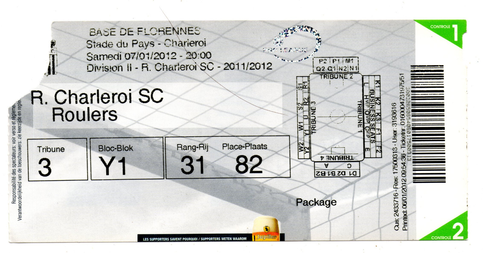 Ticket BEL SC Charleroi v Roulers 07/01/2012