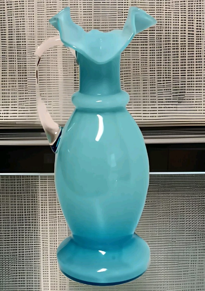 Victorian Czech Bohemian Cased Glass Ewer Pitcher Vase Blue 8.75