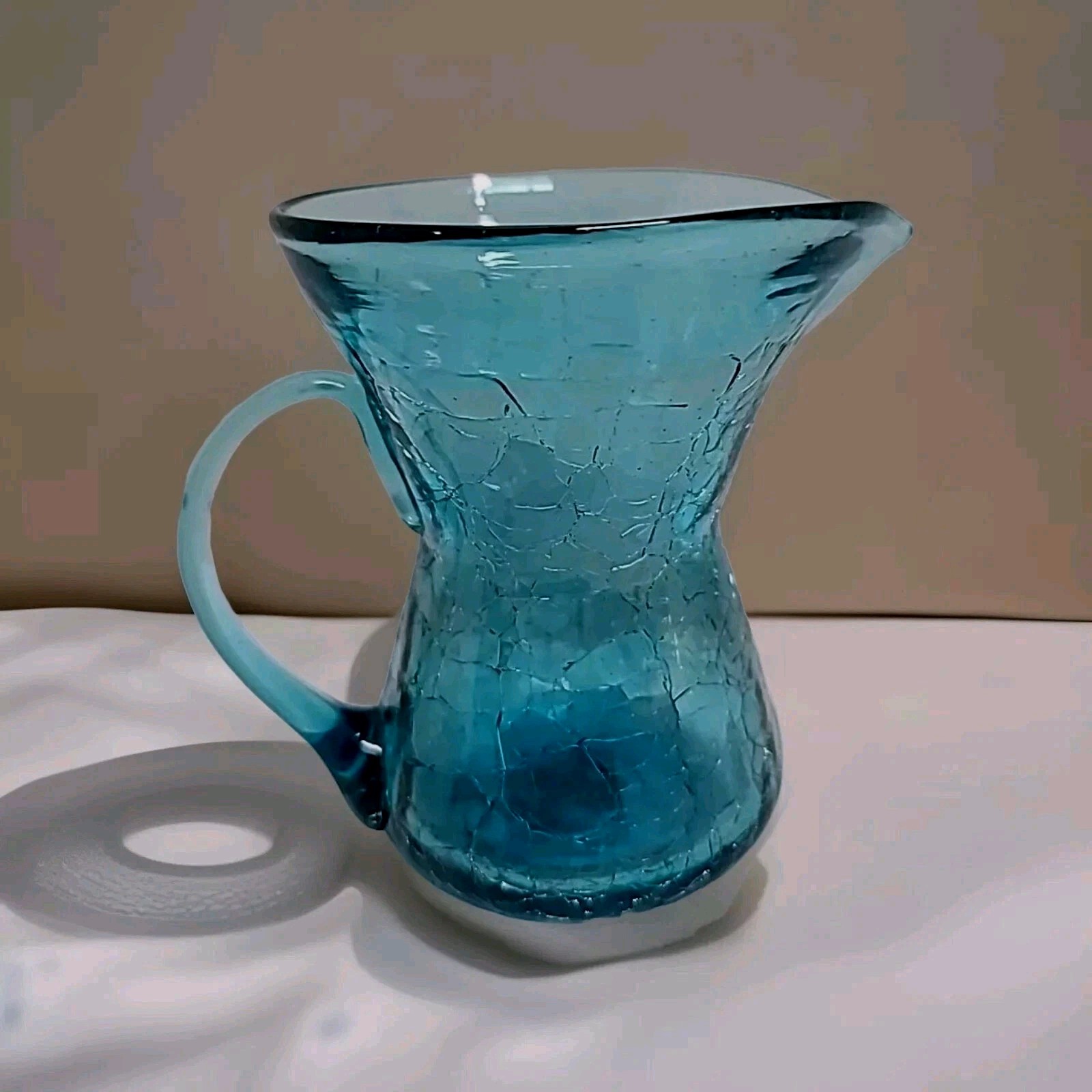 Vintage Creamer Vase StudiocArt Glass Small Crackle Hand Blown Blue 6” 