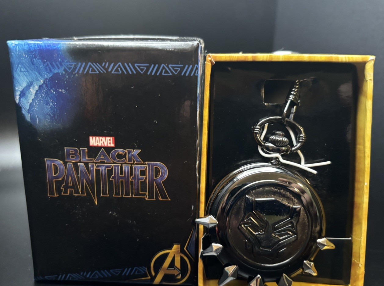 Marvel Black Panther Full Hunter Pocket Watch Quartz Black Dial Steel Chain Box