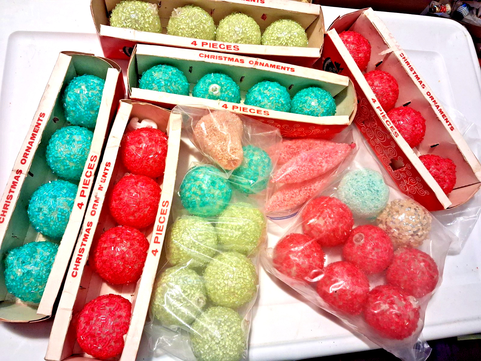 Vtg LOT 39 Jewel Brite Plastic multi color Sugar Coat Ball Icicle Xmas Ornament