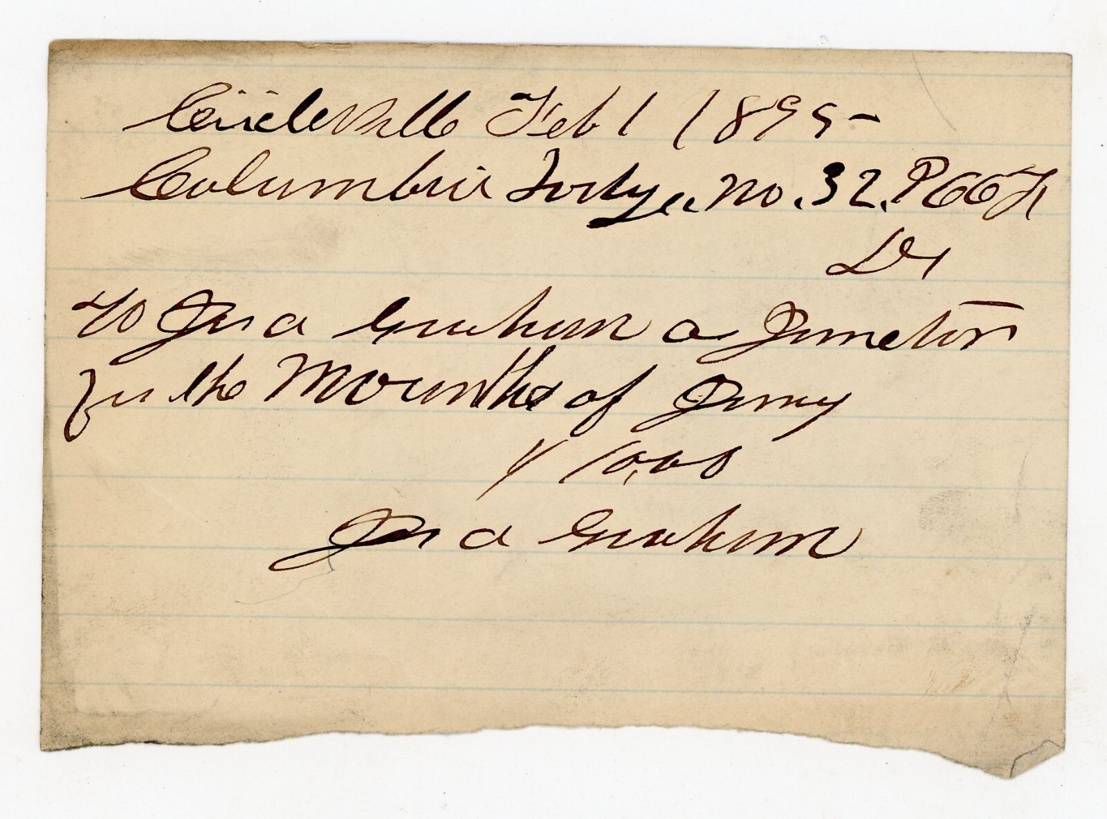 1895 Columbia, MO Prescription Note – Dr. Jno A. Graham for Injection Signed