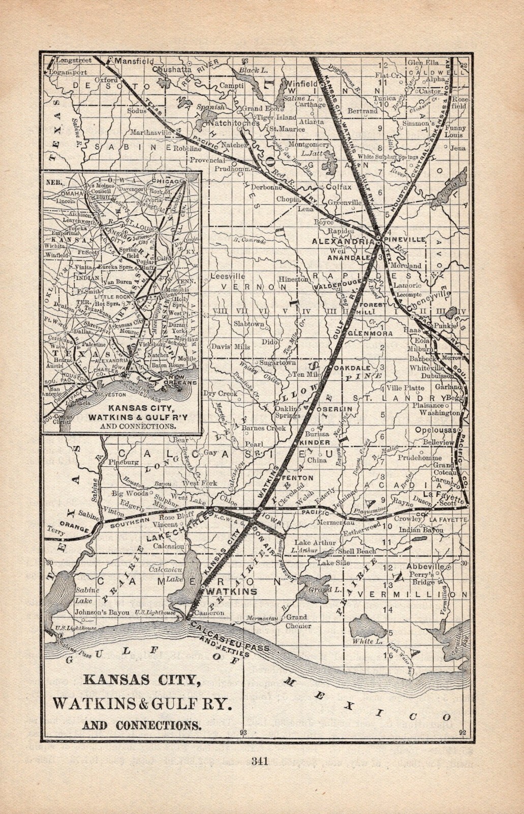 1893 Kansas City Watkins & Gulf Railway Map Vintage Railroad Map  2280