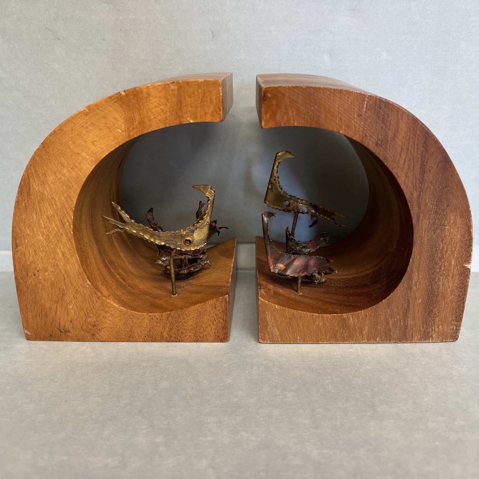 Vintage Brutalist Wood Bookends Metal Birds Mid Century Modern