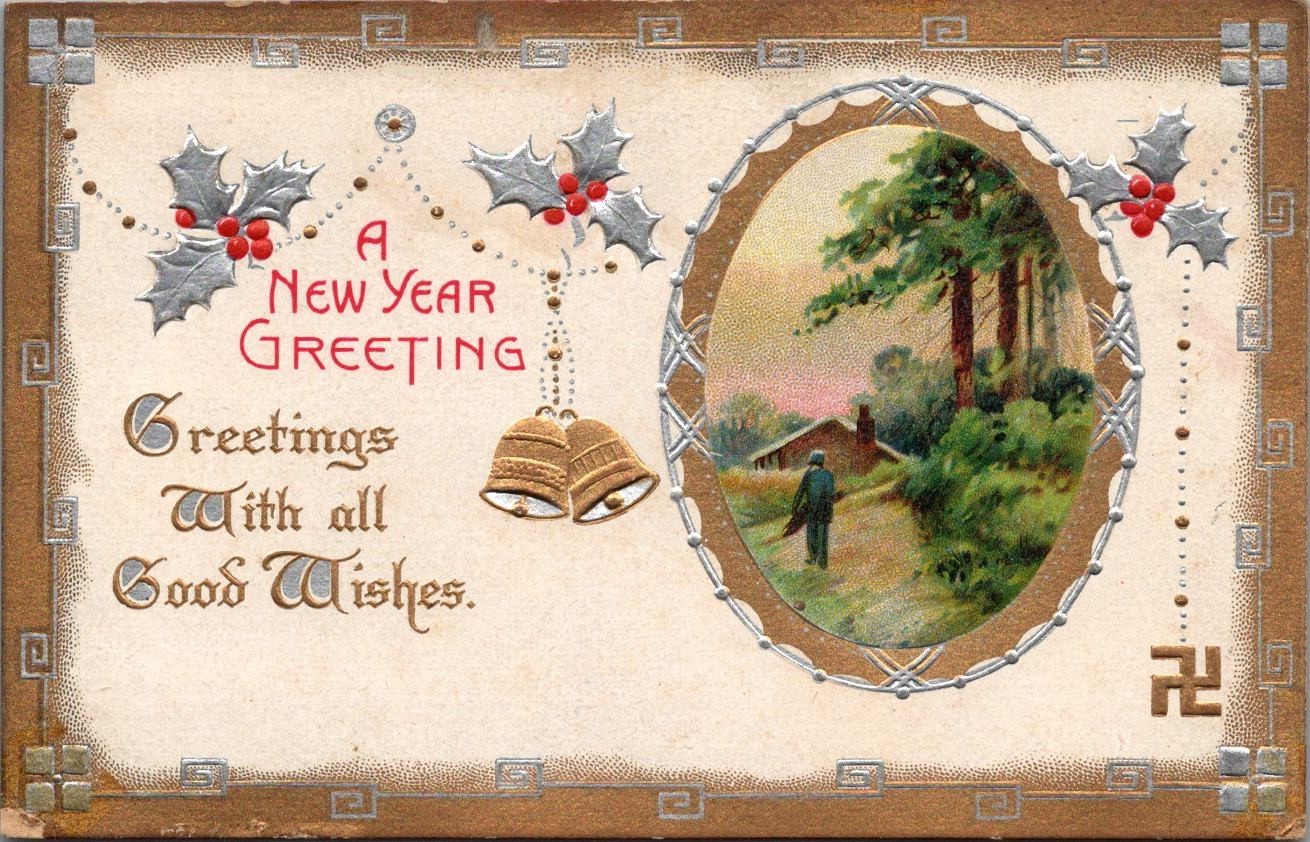 New Year Greeting-Postcard c1910 Gold Bells, Silver Holly, Framed Scene