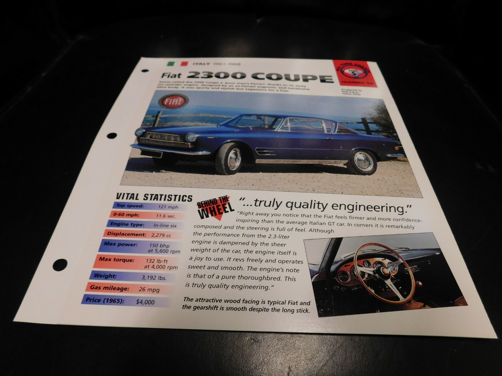 1961-1968 Fiat 2300 Coupe Spec Sheet Brochure Photo Poster 62 63 64 65 66 67 1961-1968 Fiat 2300 Coupe Spec Sheet Brochure Photo Poster 62 63 64 65 66 67
