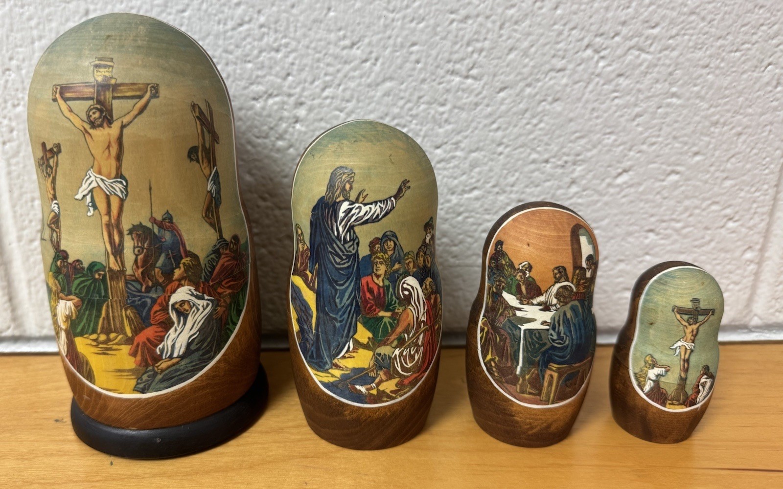Signed Russian Religious Matryoshka Nesting Dolls Jesus Life 4 Pc Hand Painted