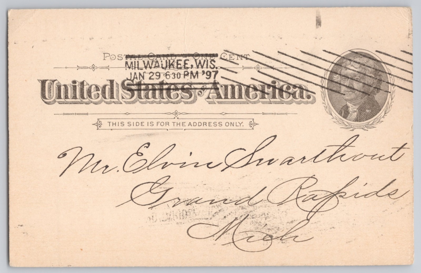 Milwaukee, WI, United States Postal Cancel, Undivided Back, Ornate Script 1897 Milwaukee, WI, United States Postal Cancel, Undivided Back, Ornate Script 1897