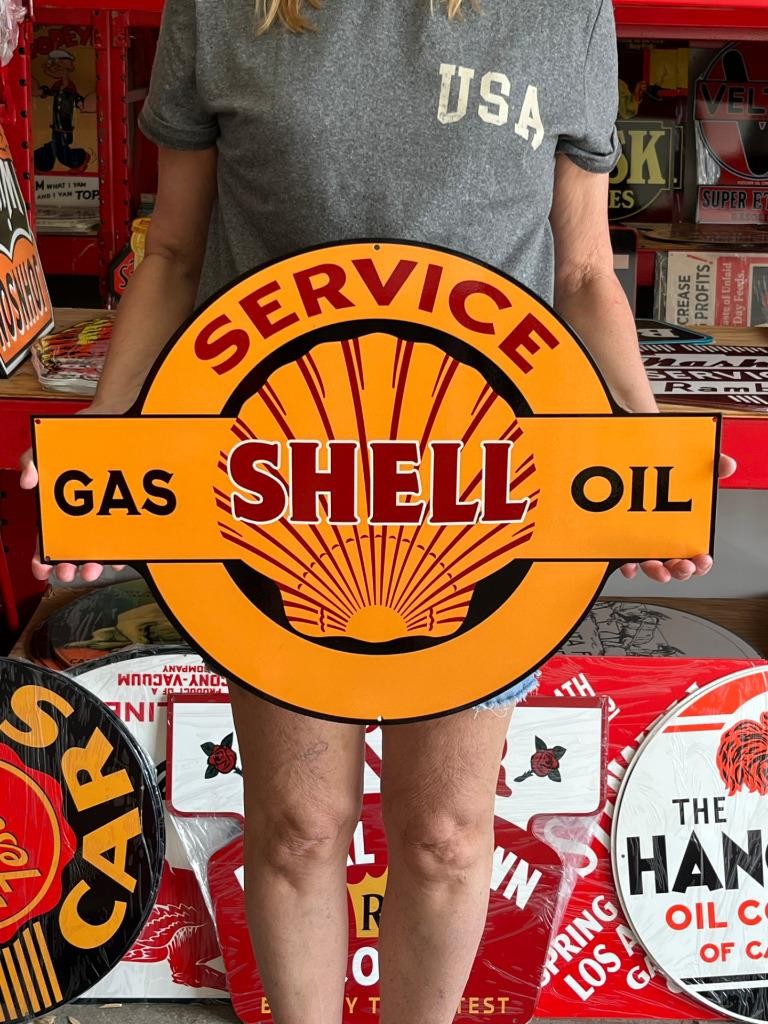Vintage Style Metal Sign Shell Gas Oil Service NOT Porcelain 24x18 Made USA