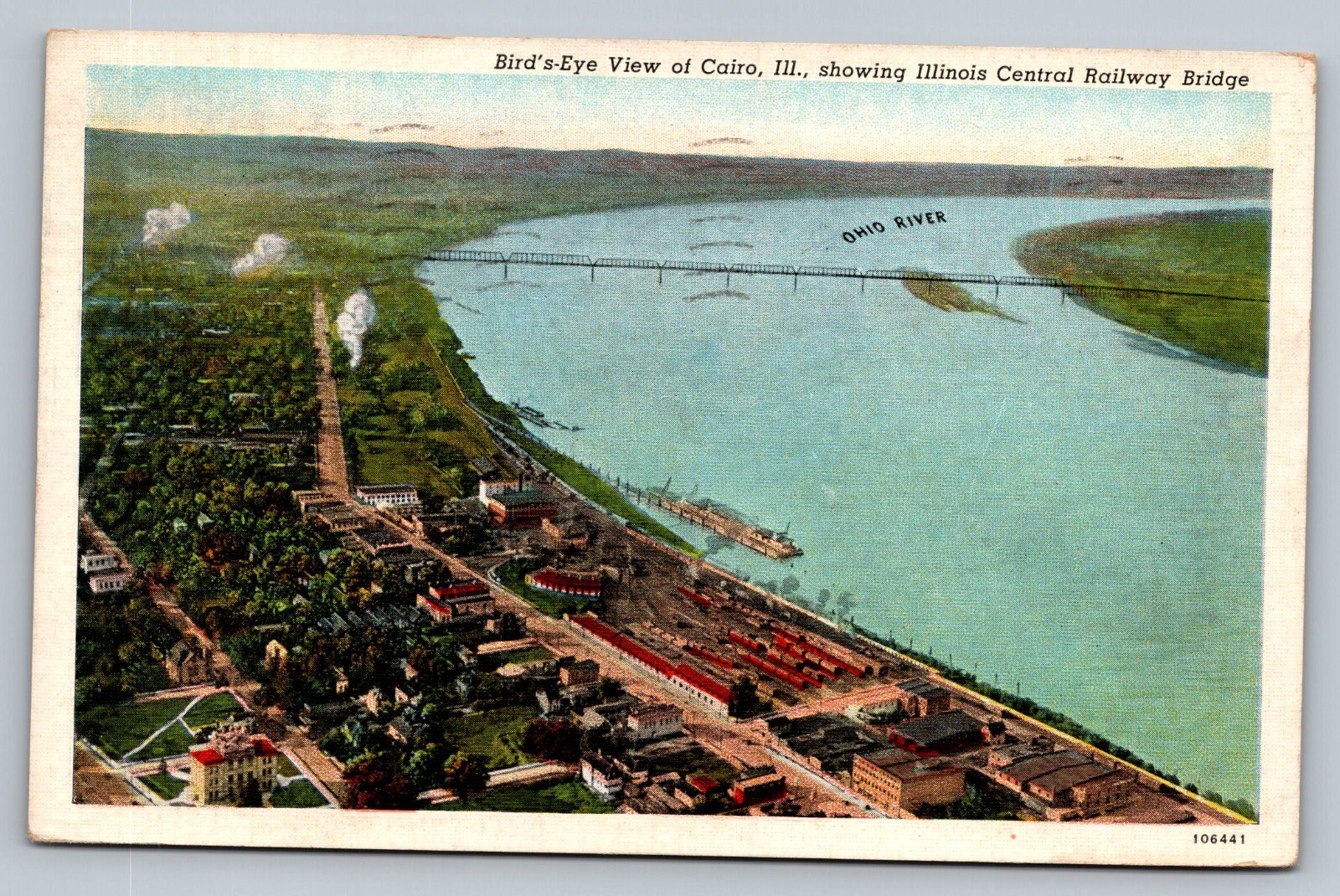 1939 Birds Eye View Cairo Illinois Central Railroad Bridge Vintage Postcard