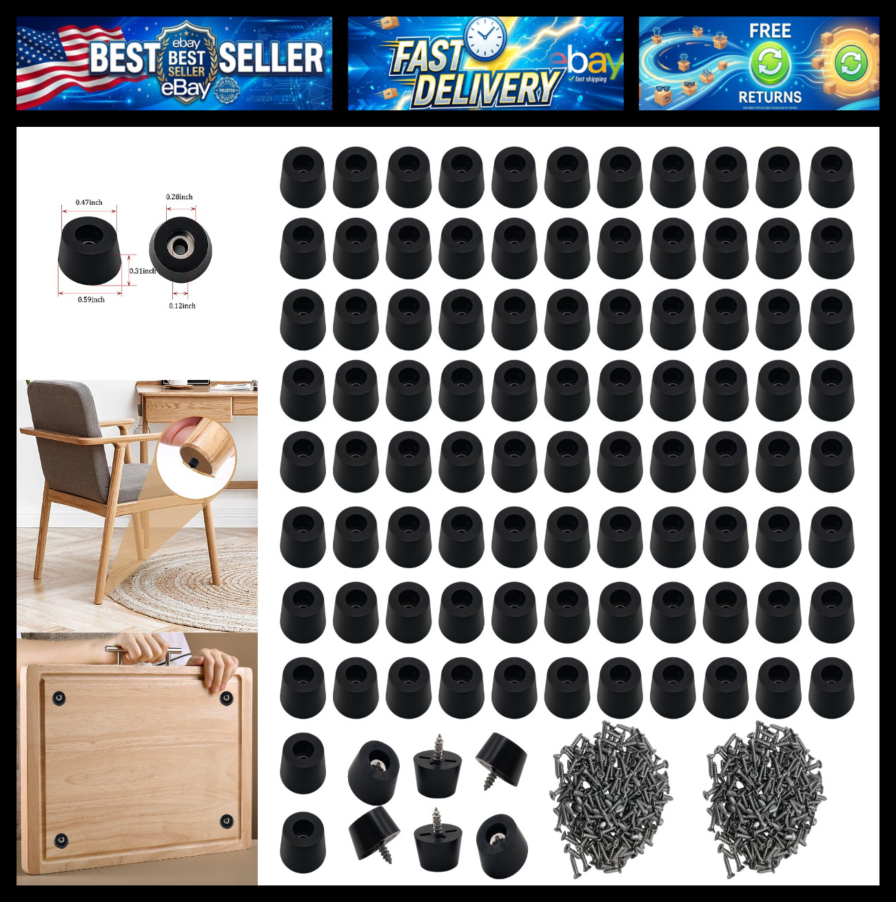 Soft Cutting Board Rubber Feet - 200 PC with Stainless Screws 0.31x0.59(HD)