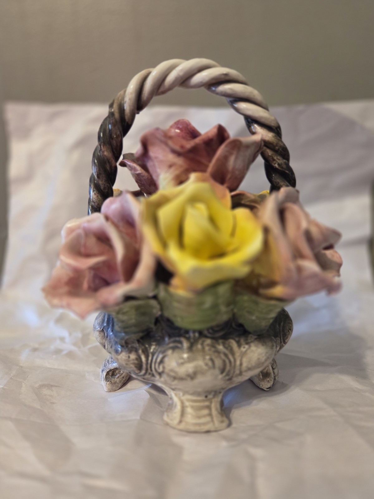 Capodimonte Vintage Porcelain Figurine Italian Delicate Flowers Gold Trim