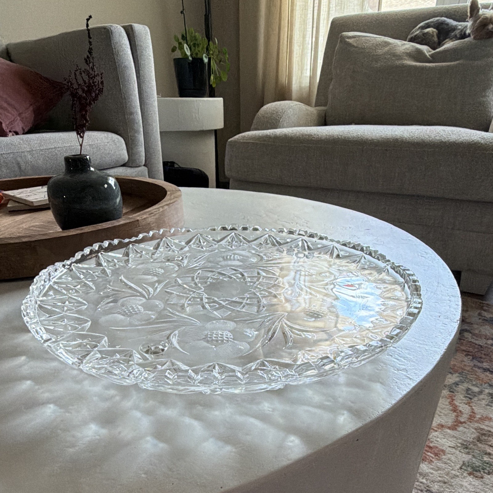 Vintage American Brilliant Period heavy cut frosted crystal glass servingplatter