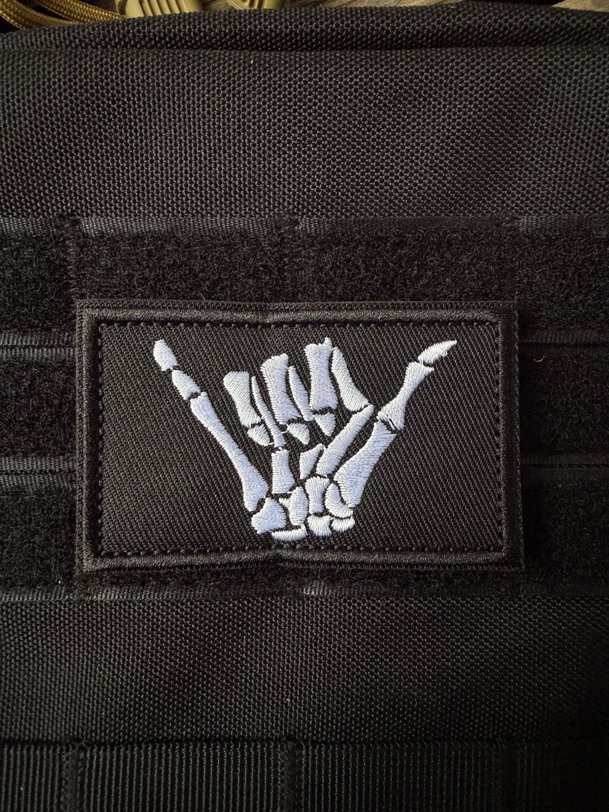 Hang Loose Bone Morale Patch Aloha Hawaii Skeleton Surfer White