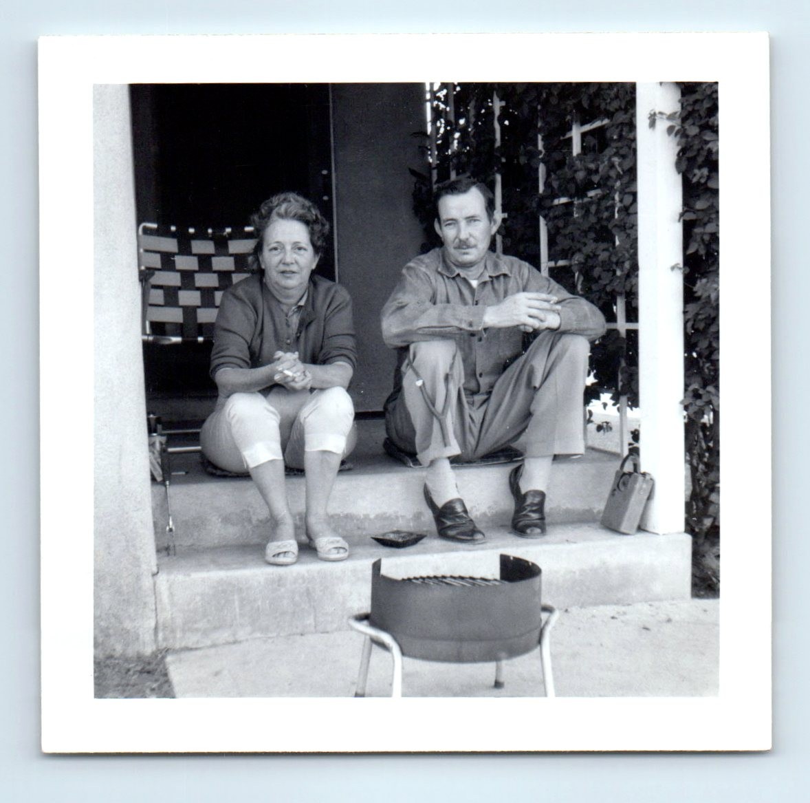 Old Vintage Square Photo MAN WOMAN COUPLE BY OUTDOOR GRILL SNAPSHOT PICTURE