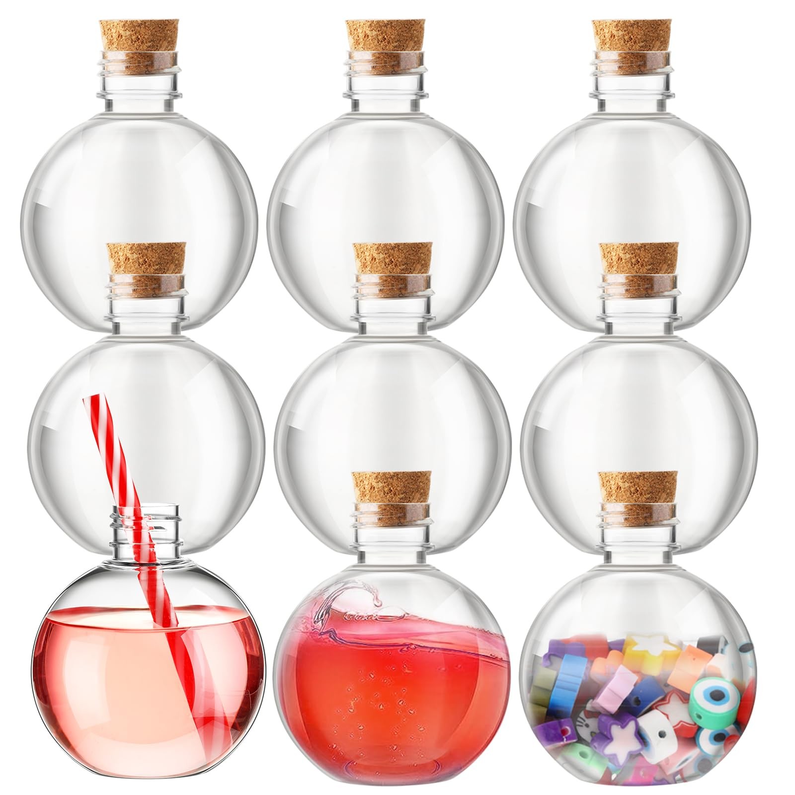 Jinei 9 Pcs 8 Oz Clear Plastic Potion Bottles Sphere Corked,Wooden,Topper