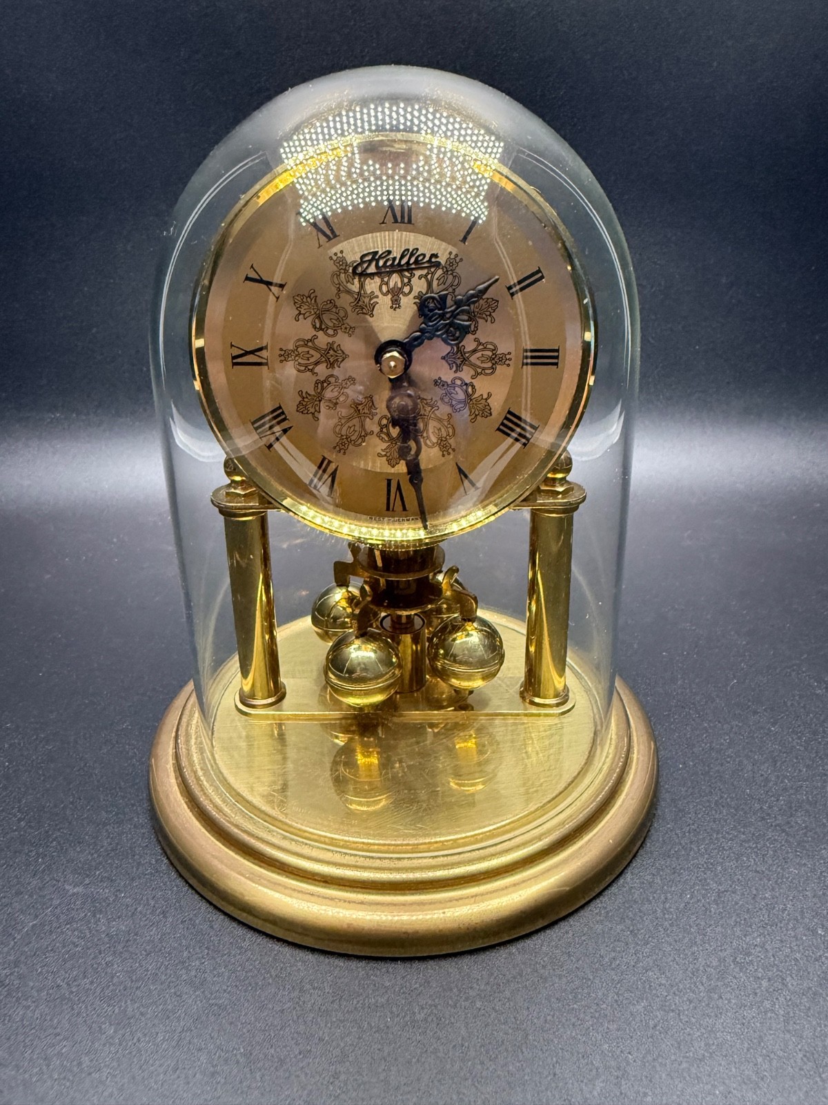 Vintage Haller German Quartz Anniversary Clock Glass Dome 6