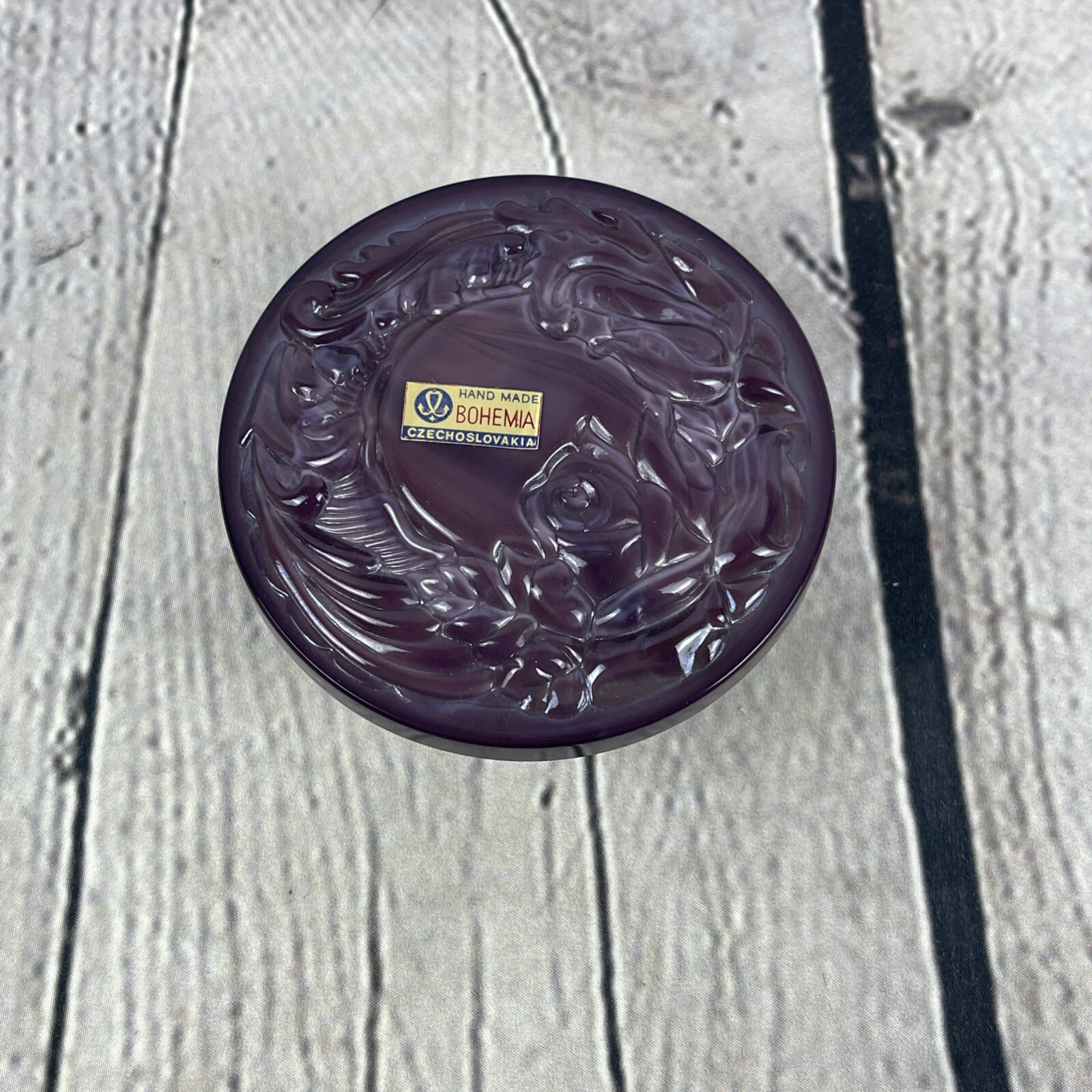 Vintage Bohemia Glass Trinket Box Dish Jewelry Purple Rose Floral Czechoslovakia
