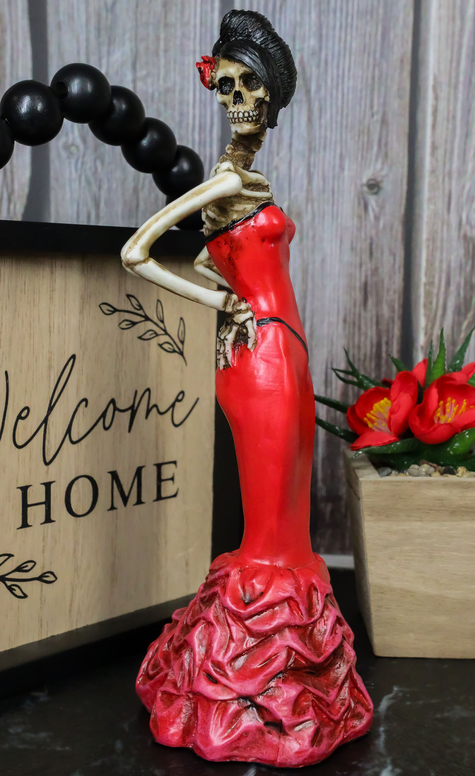 Ebros Day Of The Dead Rose Diva Lady In Red Ballroom Gown Skeleton Statue 8.5\