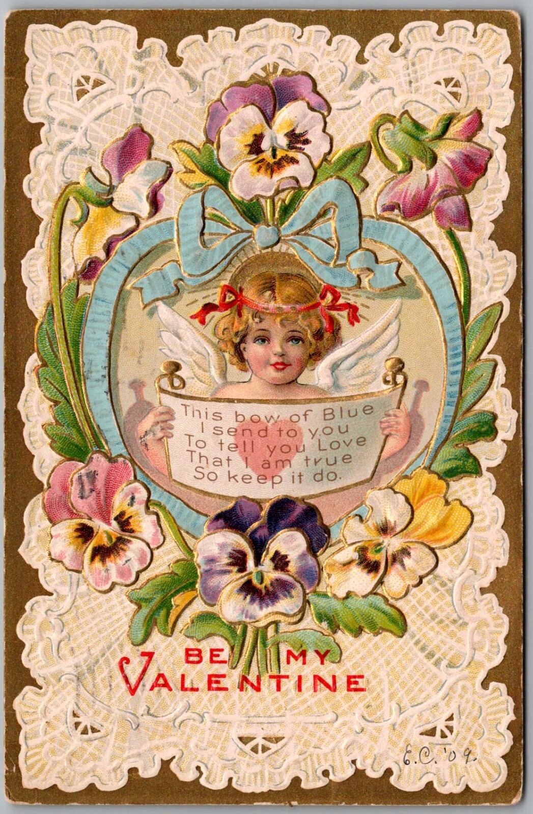 Postcard Antique Be My Valentine Postcard w/Cherub in Blue Bow Heart 1909 iC