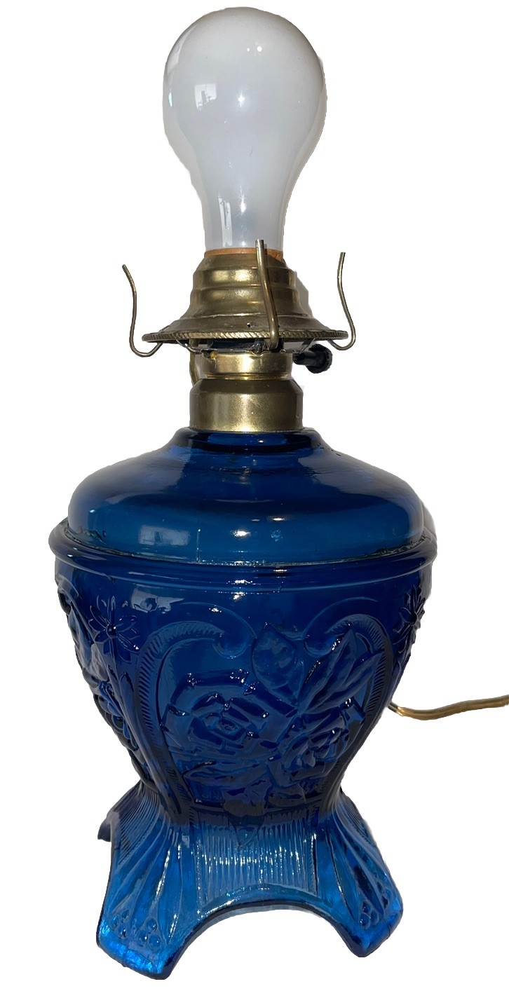 Rae nice Vintage Blue Glass Electrified Kerosene Lamp Roses 10” fun