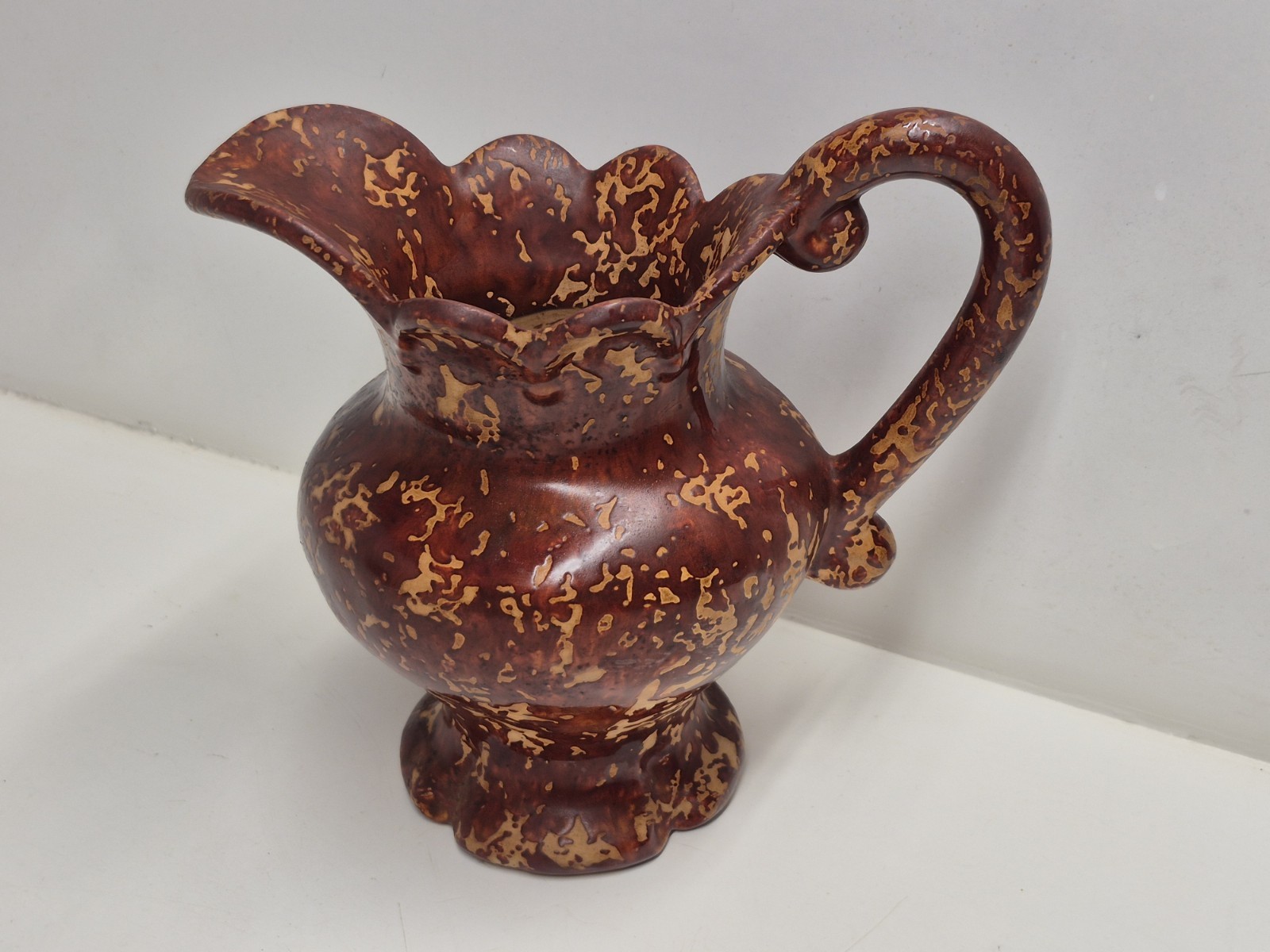 Mottled Ceramic Ewer Pitcher Brown Drip Glaze Pattern 