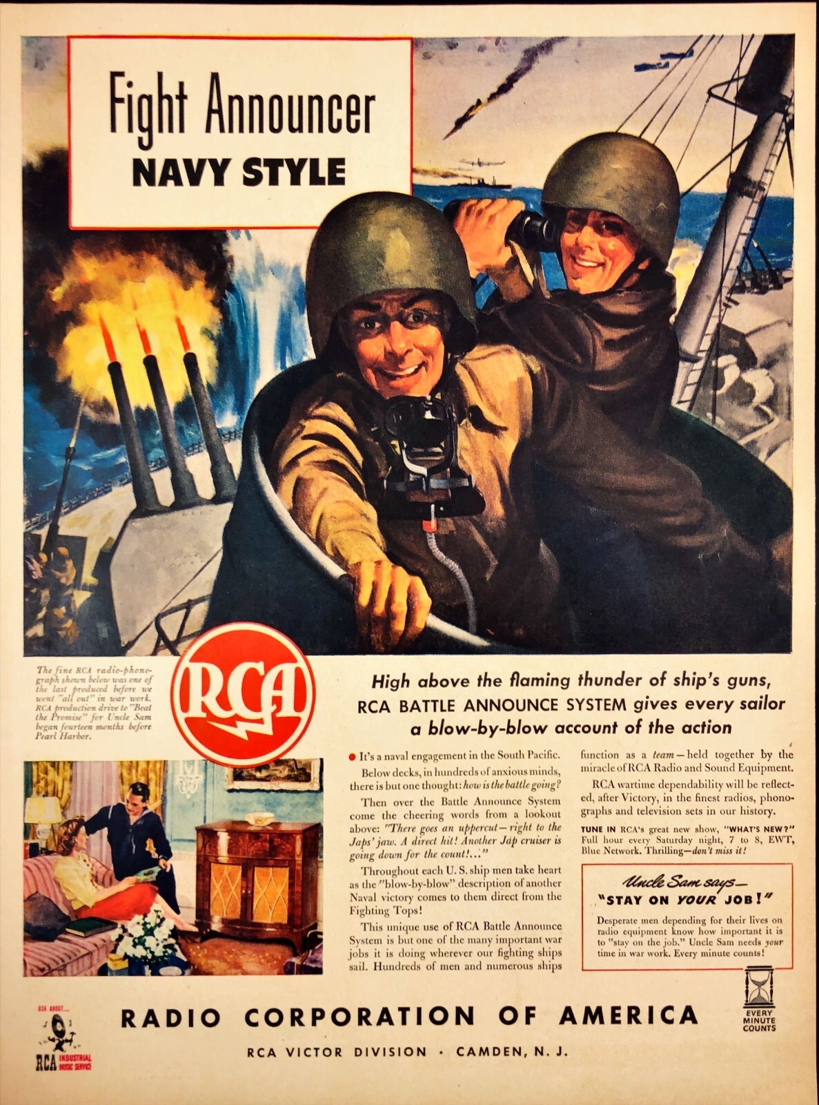 1943 RCA Navy Battleship Guns Firing Battle Announce WWII Vintage Print Ad