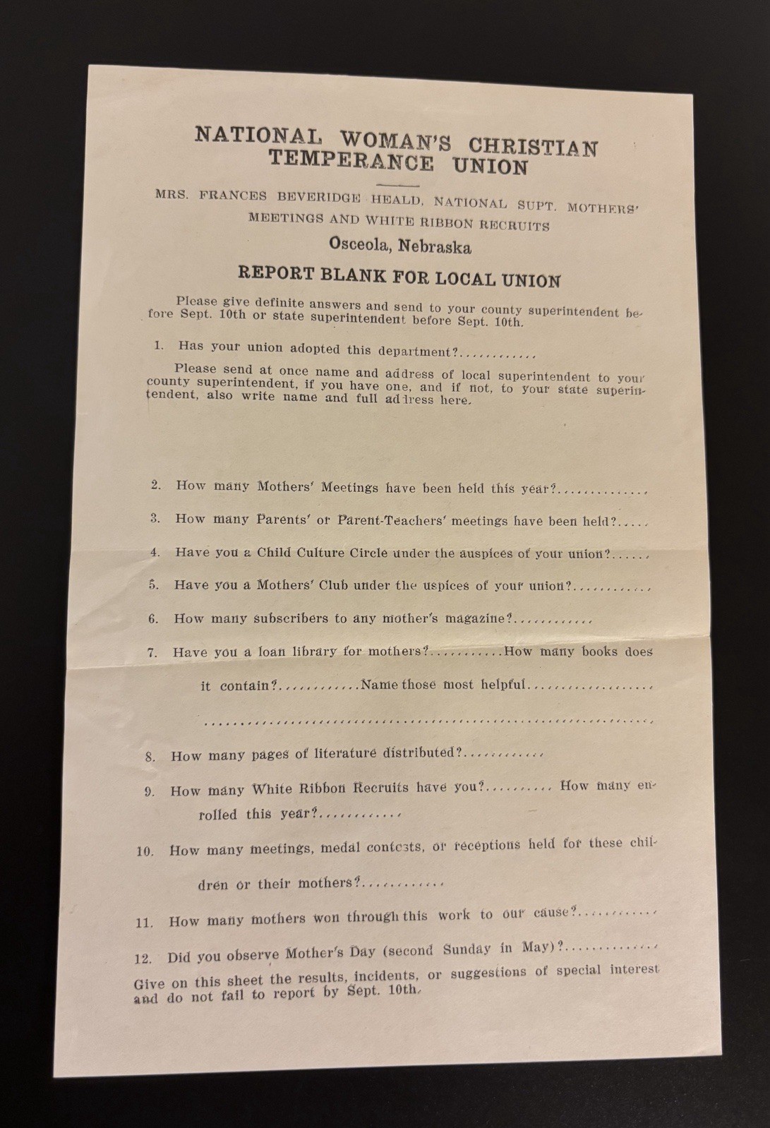 Excellent Early 20th Century Women’s Temperance Movement Document Nebraska
