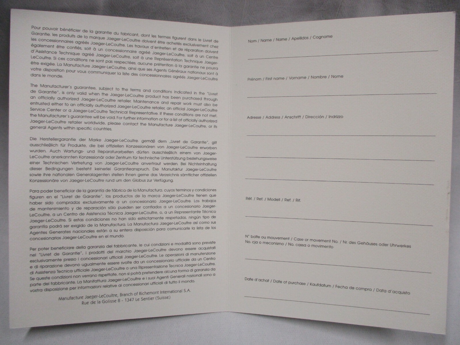 Rare Jaeger-leCoultre Certificat de Garantie Guarantee Certificate Open/Blank