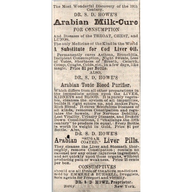 Dr. S. D. Howe\'s Arabian Milk-Cure New York NY 1876 Freeport IL Clipping SAJ2-H6 Dr. S. D. Howe\'s Arabian Milk-Cure New York NY 1876 Freeport IL Clipping SAJ2-H6
