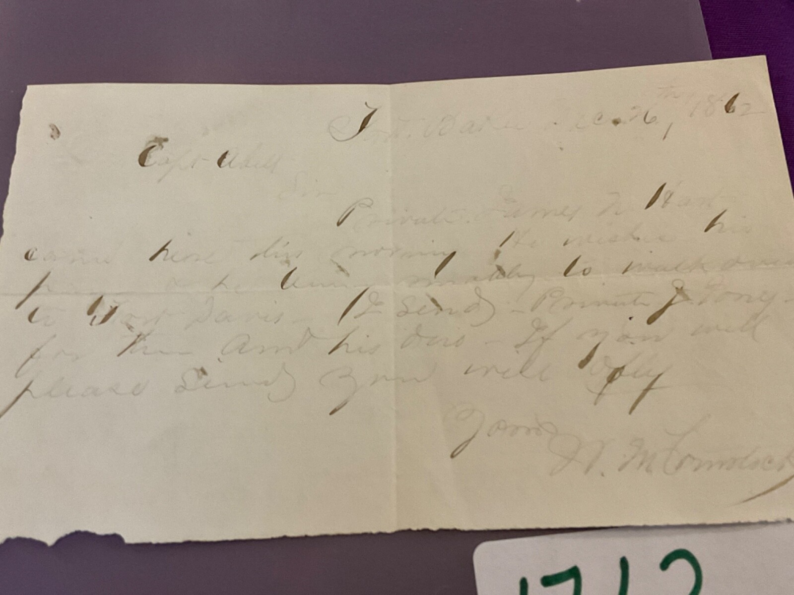 CIVIL WAR FORT BAKER DC PASS FOR 10h NY LIGHT ARTILLERY TO FORT DAVIS   1712