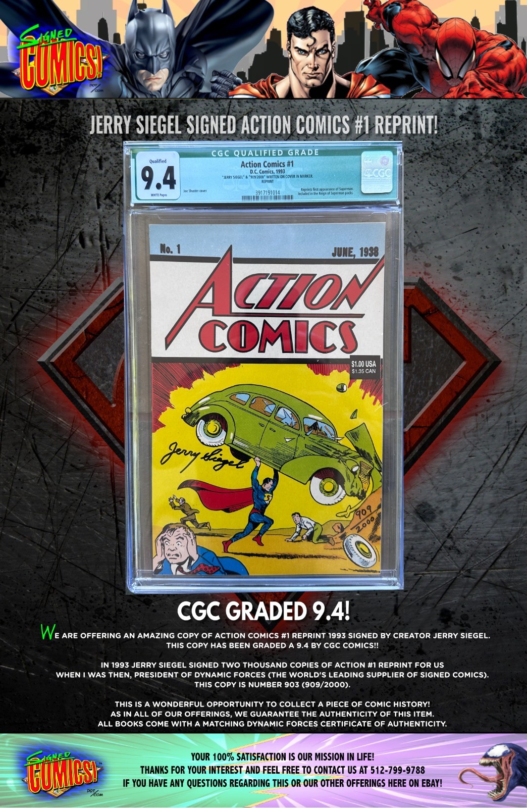 JERRY SIEGEL SIGNED ACTION COMICS #1 REPRINT • CGC GRADED 9.4 DYNAMIC FORCES