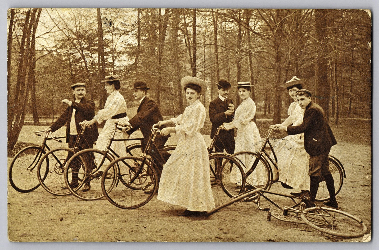 Antique 1907 Postcard Edwardian Men Women Bicyclists Group Bike Riding Fashion